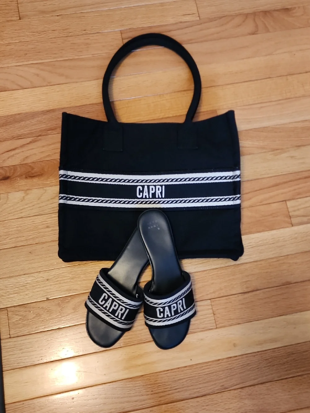 CAPRI Black Canvas Tote and Slide Sandal Set - Picture 1 of 5